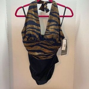 MAGICSUIT Shine On Yves 1-Halter Black and Gold Tiger Print Size 10
